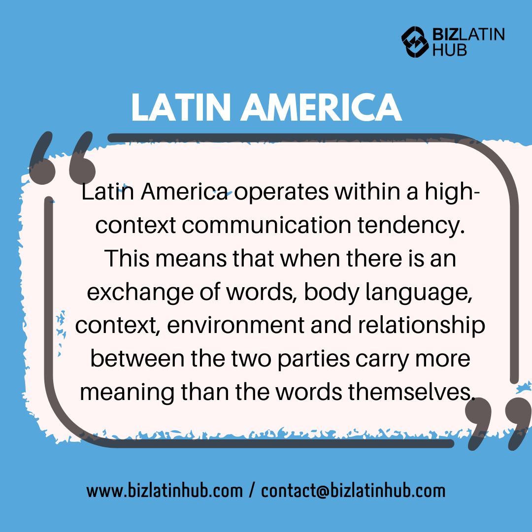 A quote about Latin America’s high-context communication style, emphasizing the importance of body language, context, environment, and relationships in communication. The image contains the Biz Latin Hub logo, website (www.bizlatinhub.com), and contact email for executive recruitment in Panama City.