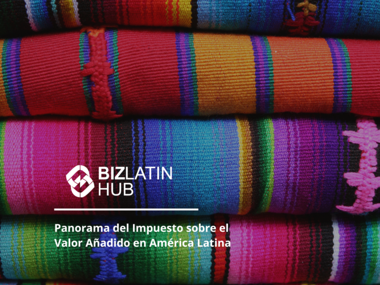 Se apilan una serie de tejidos coloridos e intrincados. El texto superpuesto dice "BizLatin Hub" y "Panorama del Impuesto sobre el Valor Añadido en América Latina (IVA en América Latina)" en español, sobre el fondo de tela vibrante.