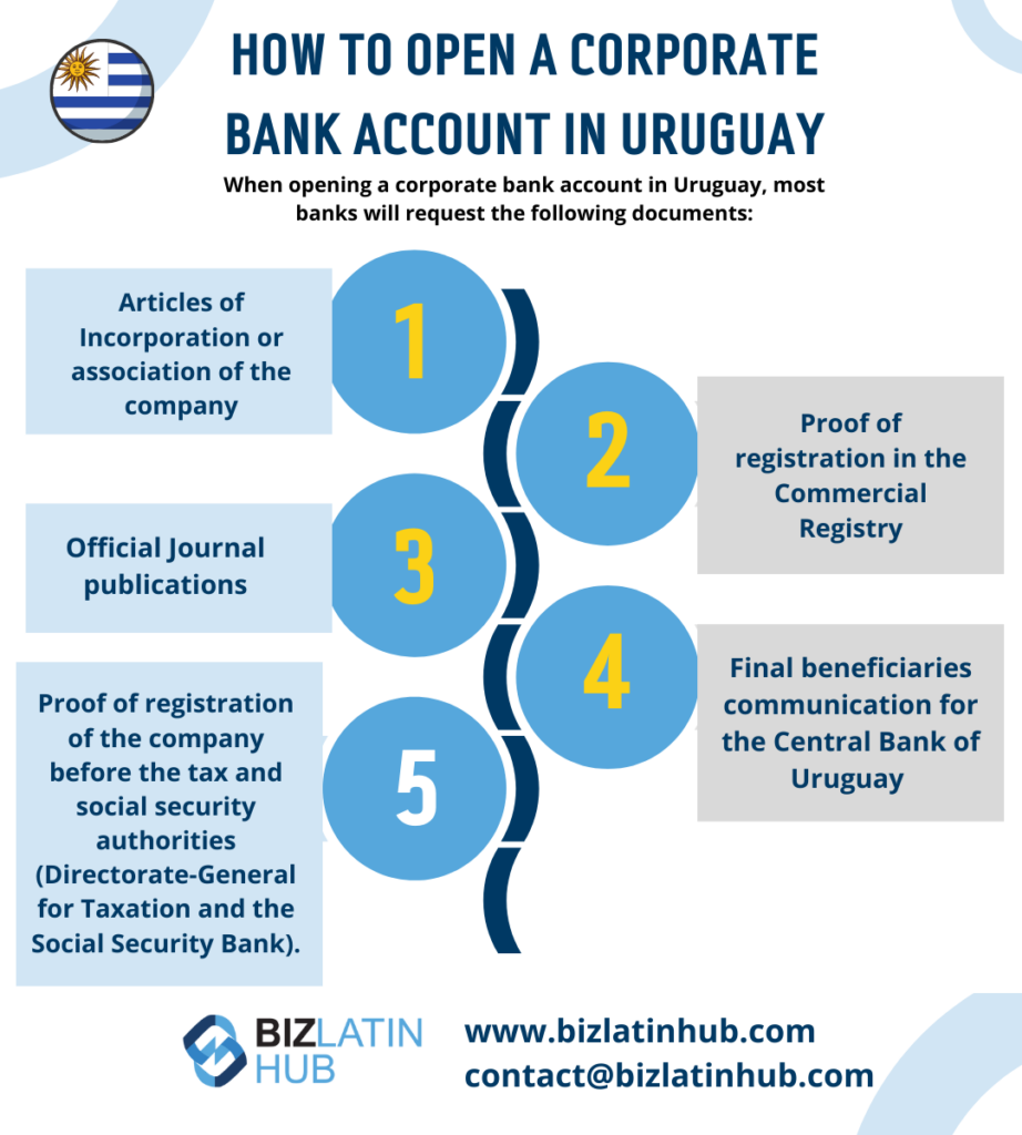 Infographic titled "How to Open a Corporate Bank Account in Uruguay." It lists required documents: Articles of Incorporation or association, Official Journal publications, registration in the Commercial Registry, registration before tax and social security authorities, and final beneficiaries communication for the Central Bank. Biz Latin Hub logo and contact information at the bottom.