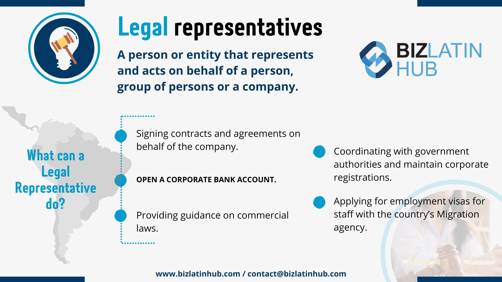 A graphic titled "Legal Representatives" with text explaining their role, including tasks like signing contracts, opening bank accounts, providing commercial law guidance, coordinating with authorities, and applying for employment visas. It also offers insights on how to incorporate a company in Peru. Includes Biz Latin Hub logo.