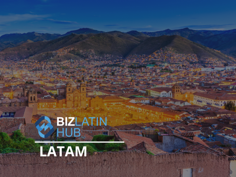 A panoramic view of a city at dusk with numerous buildings and houses nestled among rolling hills. The foreground features a business logo that reads "Biz Latin Hub LATAM" in white and blue text, highlighting the essence of doing business in Latin America.