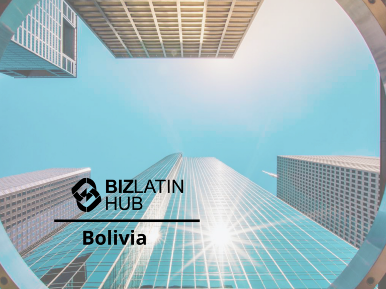 A low-angle view of tall skyscrapers against a bright blue sky with the text "Biz Latin Hub Bolivia" overlaid on the image. The buildings appear modern with glass and steel exteriors, converging towards the center of the picture, symbolizing growth and the dynamic landscape of banking in Bolivia.