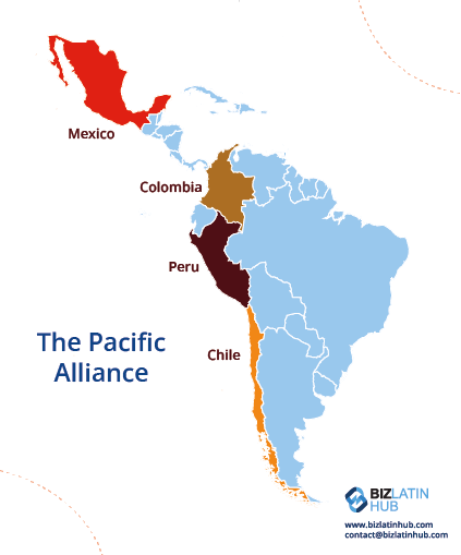 A map of the Pacific Alliance highlighting Mexico, Colombia, Peru, and Chile in distinct colors. The countries are marked on a map of the Americas. The bottom right displays the logo and contact information for Biz Latin Hub's hiring and recruitment outsourcing in Peru.