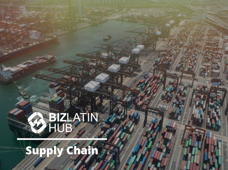 An aerial view of a bustling port filled with numerous shipping containers and cranes, underscoring the dynamic supply chain. The text "BIZLATIN HUB" and "Supply Chain" is overlaid on the bottom left corner of the image. The port, situated next to a body of water, showcases more containers on ships.