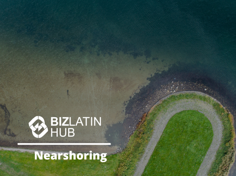 Aerial view of a small peninsula jutting into a body of water, with a grassy field and a winding path. "BIZLATIN HUB Nearshoring in Latin America" text overlay is present in the image.