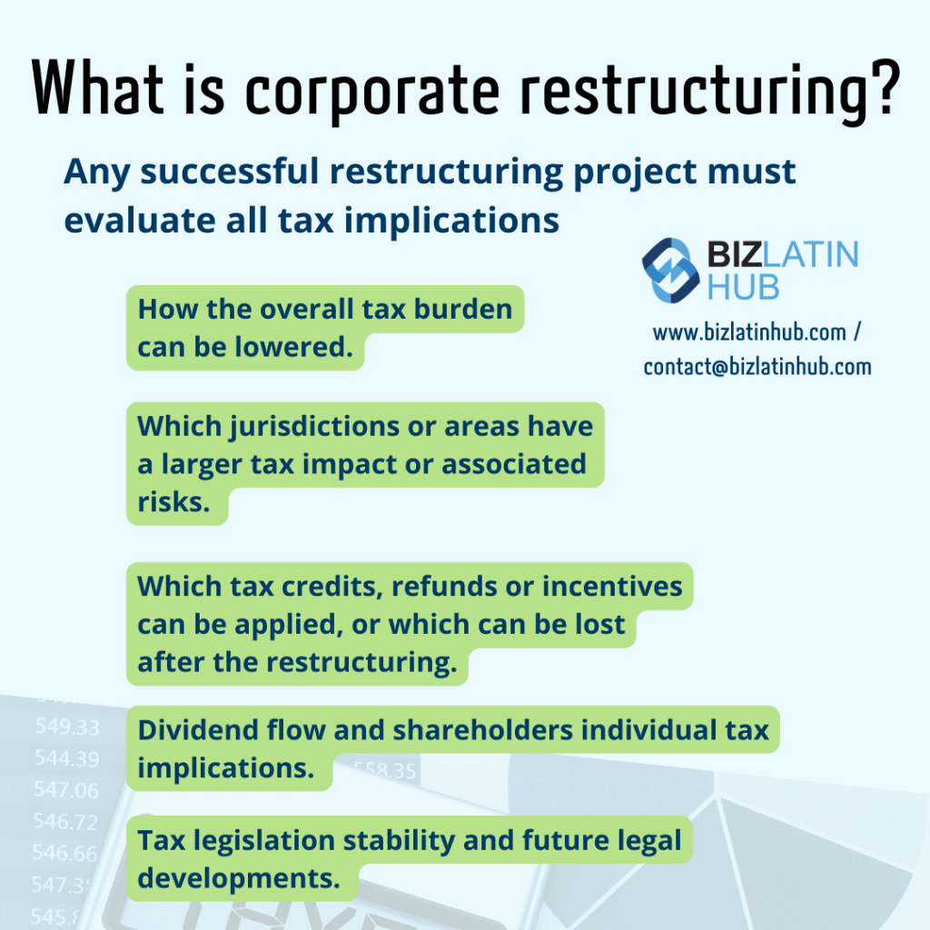 An infographic titled "What is Corporate Restructuring?" underscores the importance of evaluating all tax implications. Key points include lowering tax burdens, jurisdiction tax impact, tax credits or incentives, dividend flow and individual tax implications, and stable tax legislation. BizLatin Hub contact information is provided.