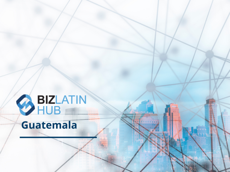 An image with the Biz Latin Hub logo and the word “Guatemala” prominently displayed. The background features a cityscape with various tall buildings, partially overlaid by a network diagram of connecting lines and nodes, symbolizing IT recruitment in Guatemala.