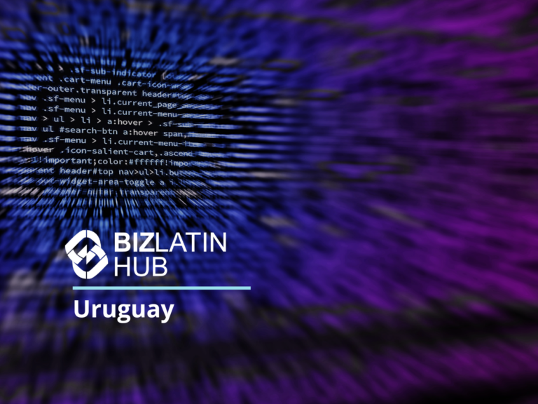 Imagen abstracta con un fondo de líneas móviles azules y violetas, que se asemeja a la transferencia de datos de alta velocidad. El texto blanco en primer plano dice "BIZLATIN HUB Uruguay" acompañado de un logo con formas geométricas entrelazadas. De fondo, se ve código HTML parcial, destacando headhunters y reclutamiento de TI en Uruguay.