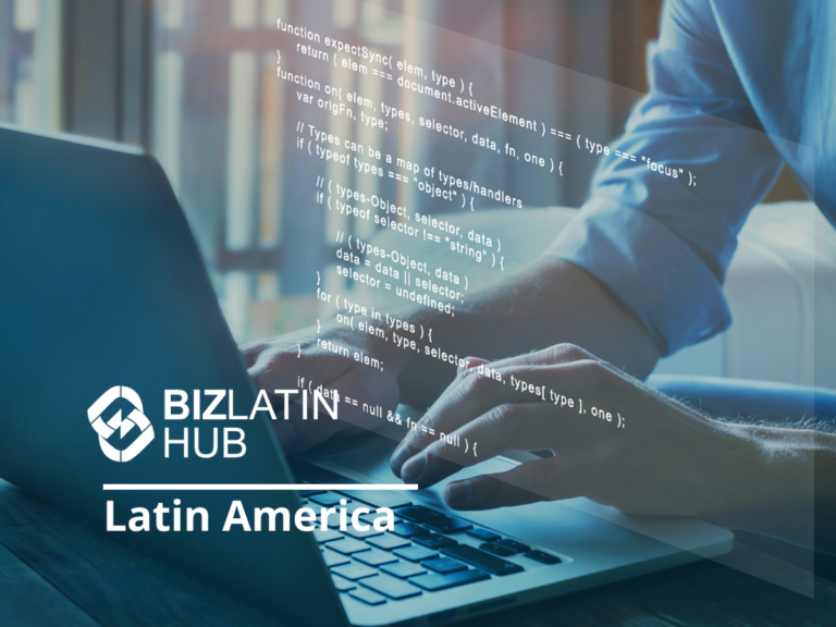 A person is typing on a laptop keyboard, the screen aglow with lines of code. The text "Biz Latin Hub Latin America" graces the bottom left of the image, accompanied by a logo of interconnected shapes—an emblematic nod to the burgeoning tech talent in Latin America.