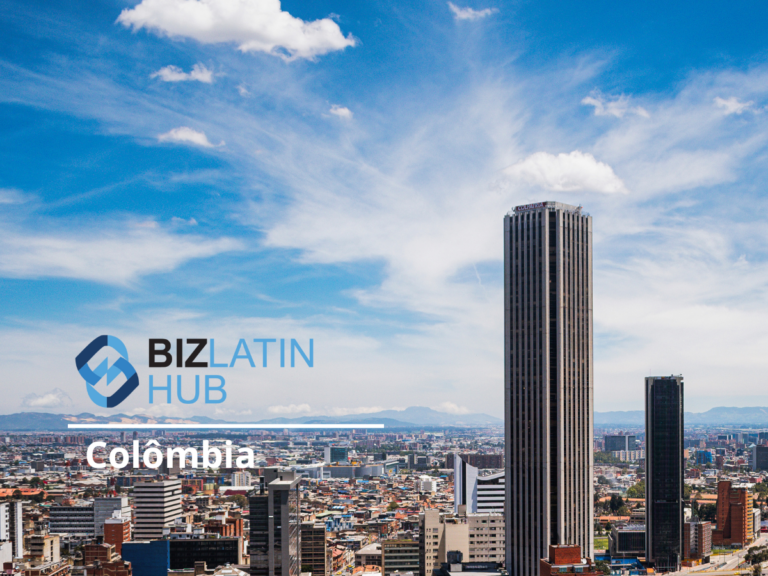 A cityscape of a major urban area in Colombia. The sky is blue with wispy clouds. Prominent tall buildings are in the foreground, including a cylindrical skyscraper. The text "BIZLATIN HUB Colombia: Serviços Jurídicos Colômbia" is overlaid on the image.