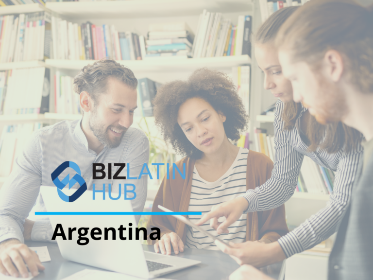 Four people are gathered around a table, collaboratively working and looking at documents, perhaps discussing nearshoring in Argentina. The background shows bookshelves filled with books. There is a "BIZLATIN HUB" logo and the word "Argentina" superimposed on the image.