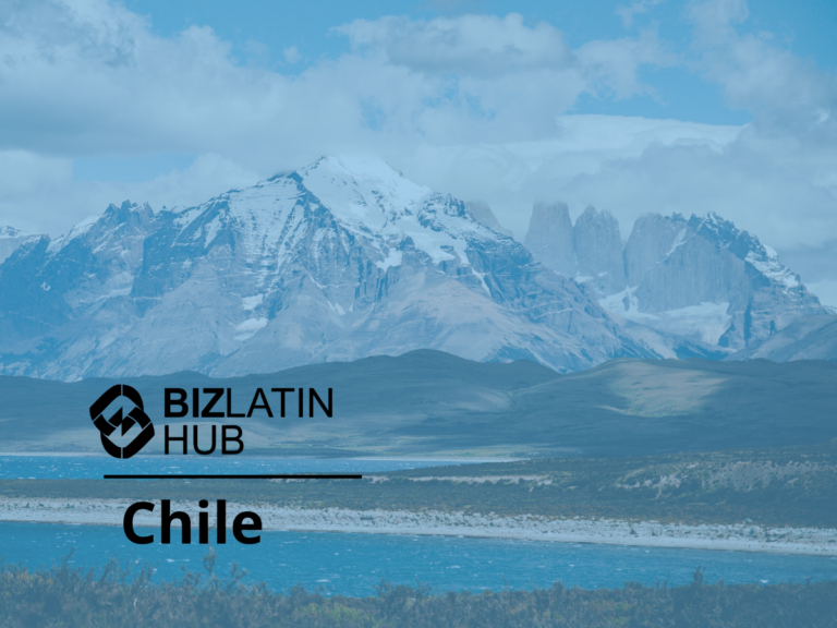 A mountainous landscape in Chile with snow-capped peaks under a cloudy sky. The foreground features a river and grassy terrain. The logo "BizLatin Hub" and the text "Chile business investment" are prominently displayed on the left side of the image.