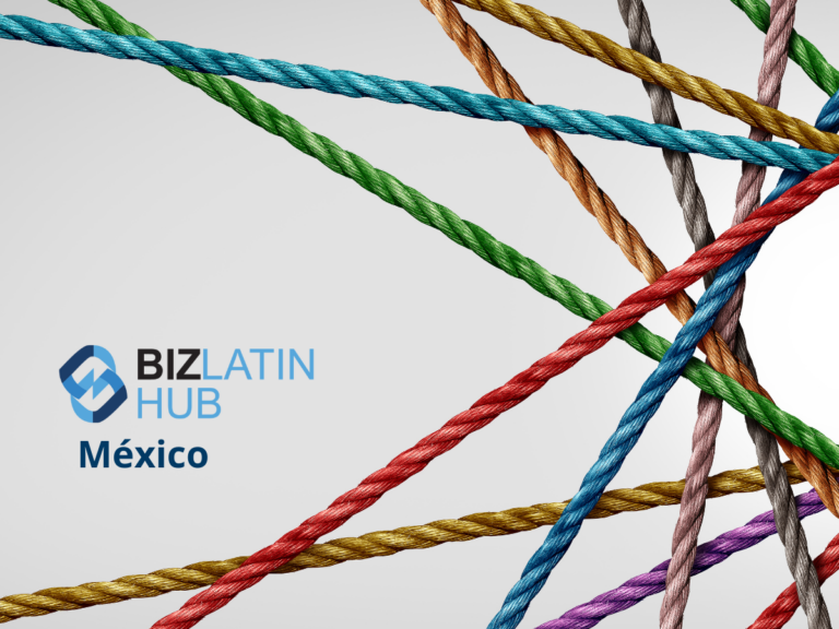 La imagen muestra el logotipo de Biz Latin Hub con la palabra "México" debajo sobre un fondo blanco. El lado derecho de la imagen presenta varias cuerdas multicolores entrelazadas, lo que sugiere temas de conexión y colaboración.