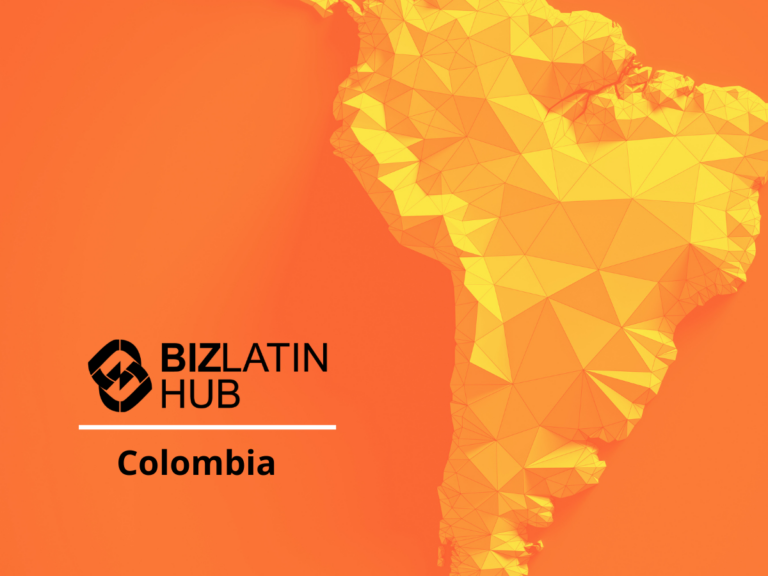 La imagen presenta un mapa geométrico estilizado de América del Sur en distintos tonos de naranja. El logotipo y el nombre de BizLatin Hub se muestran a la izquierda, con "Contratación talento tecnológico Colombia" escrito directamente debajo.