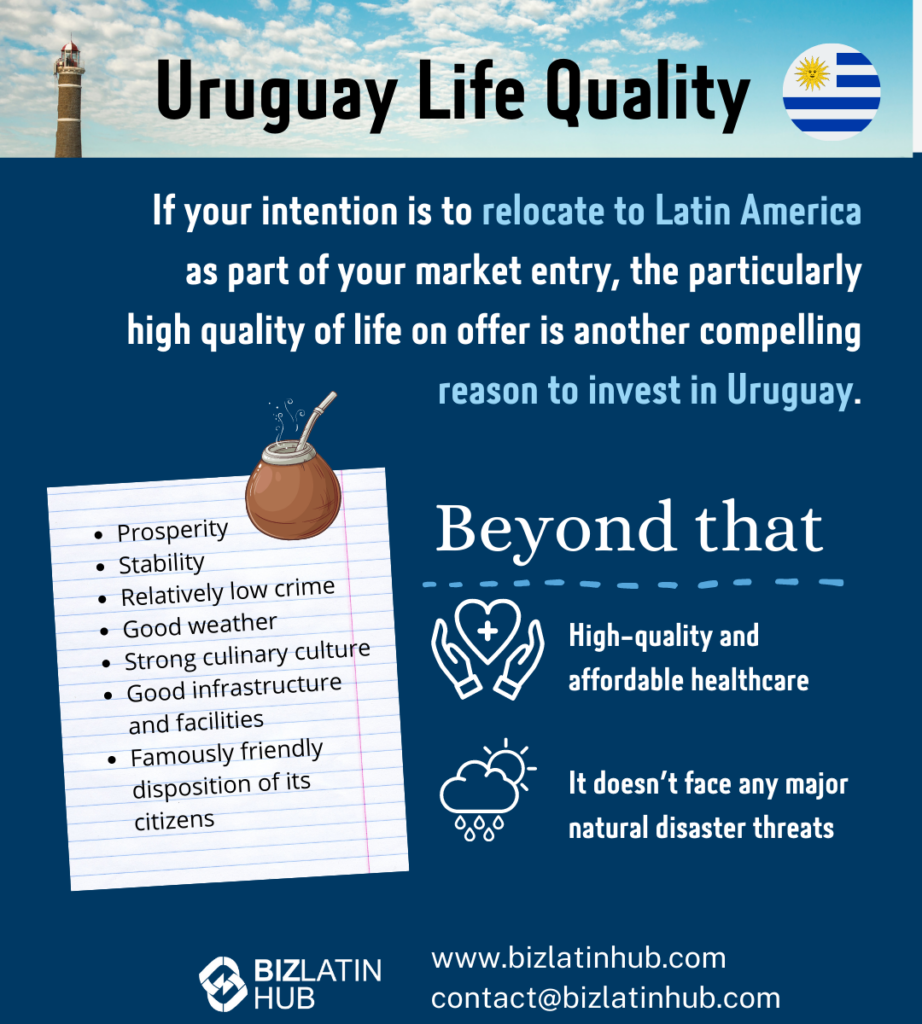 A promotional image showcasing the positive aspects of living in Uruguay, highlighting high-quality and affordable healthcare, lack of major natural disasters, prosperity, stability, a low crime rate, good weather, and a strong culinary culture—ideal for both personal life and Uruguay business ventures. Contact details at the bottom.