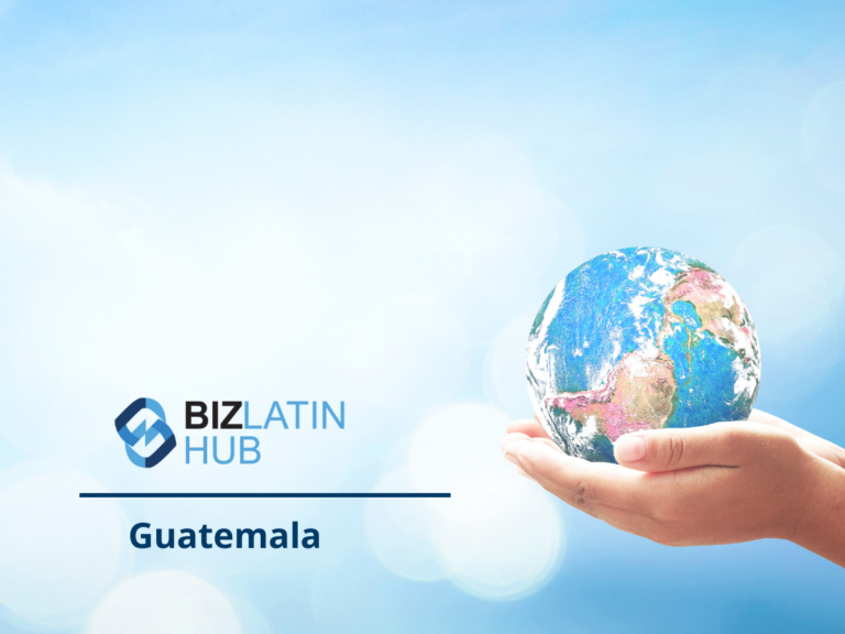 An image shows a hand holding a small globe with a bright blue background. On the left side, the logo and text "Biz Latin Hub" are displayed, and below it, the word "Guatemala" appears. The background is a soft, out-of-focus sky with white, blurry light spots. Information about *tipos de visto na Colômbia* is also available.