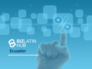 A hand with an extended index finger is pointing at a floating percentage sign on a blue background with geometric shapes. The words "BizLatin Hub" and "Auditor in Ecuador" are written on the left side of the image.