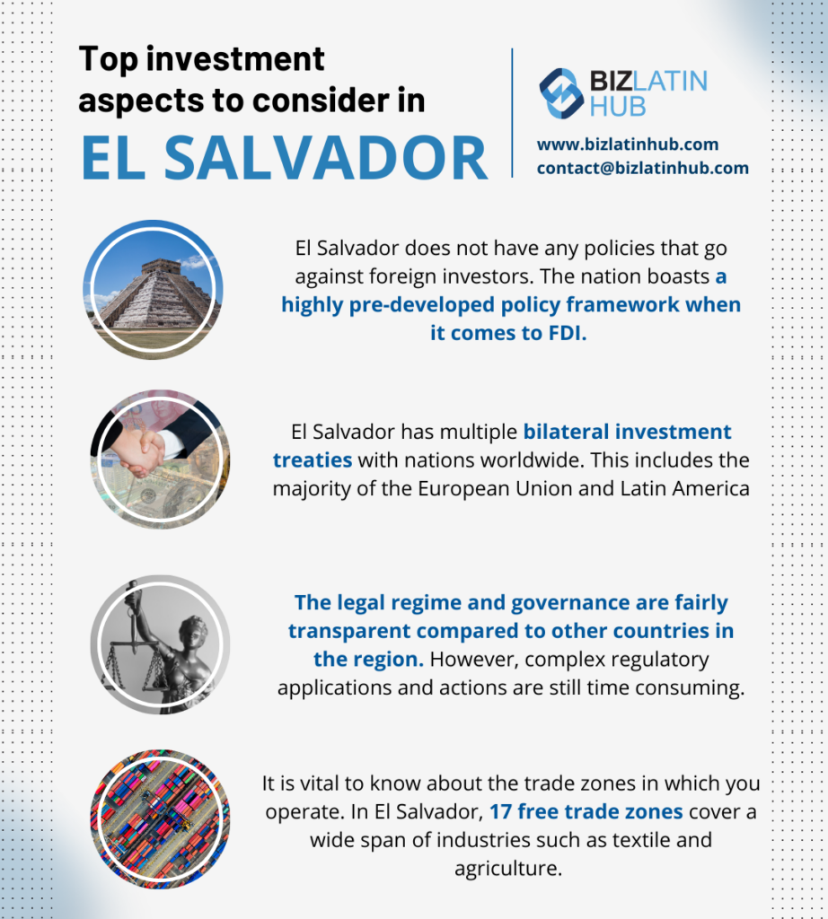 Informational graphic titled "Top investment aspects to consider in El Salvador." Highlights include transparent policy framework, multiple bilateral investment treaties, fair legal and governmental regimes, the growing tech industry, and 17 free trade zones. Biz Latin Hub information in header.