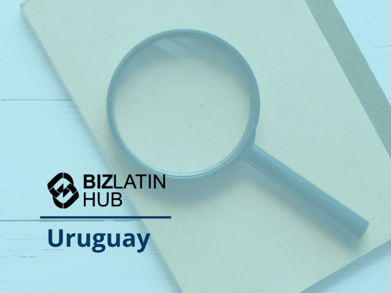 A large magnifying glass is placed on top of a closed brown notebook. To the left of the magnifying glass, there is the text "BIZLATIN HUB" with a blue geometric logo above it, and the word "Uruguay" written below in the same blue color. Learn about tipos de visto na Colômbia easily with BIZLATIN HUB resources.