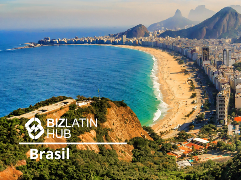 Aerial view of a coastal city with a long sandy beach curving along the blue ocean. The beach is lined with tall buildings and lush green hills, showcasing the area poised for growth under the Plan Fiscal de Brasil. Text on the image reads, "Bizlatin Hub Brasil.