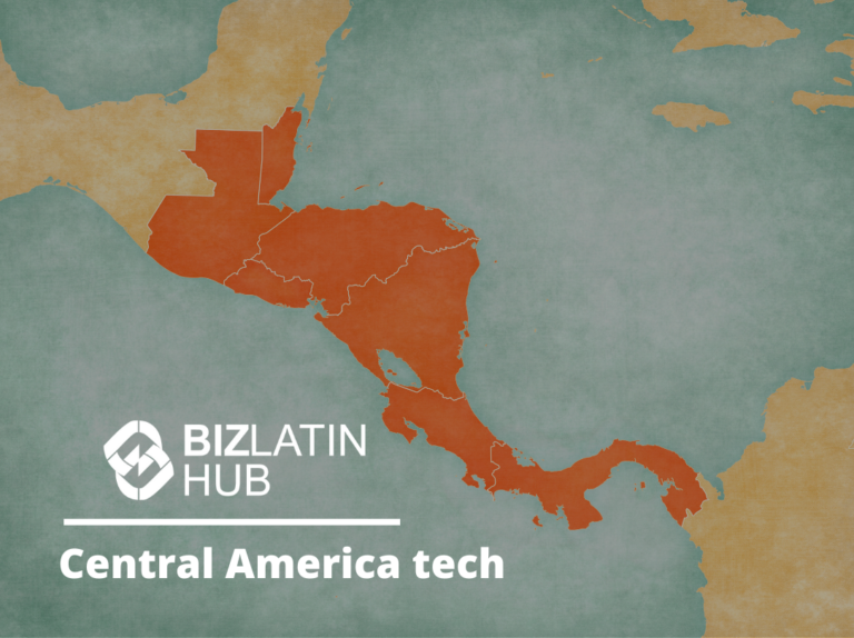 A map highlighting Central America in orange with surrounding regions in a muted green. The text "BIZLATIN HUB" appears on the left, and "Central America Tech and Innovation Hubs" is written below it.