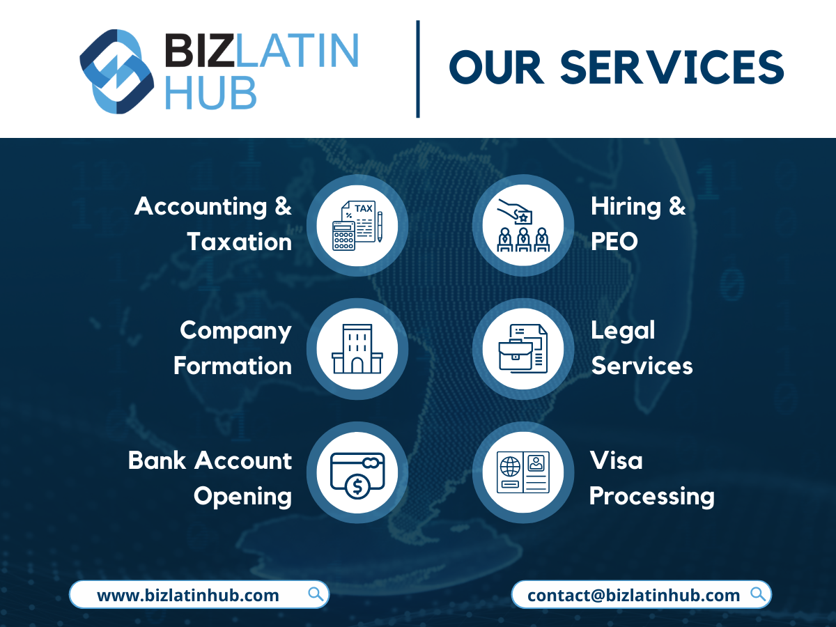 6f3354b1-our-services-2 An infographic for Biz Latin Hub listing their services. Includes icons and text for Accounting & Taxation, Company Formation, Bank Account Opening, Hiring & PEO, Legal Services, and Visa Processing. Highlights the investment opportunity in Brazil with their expertise. Contact details and website are at the bottom.