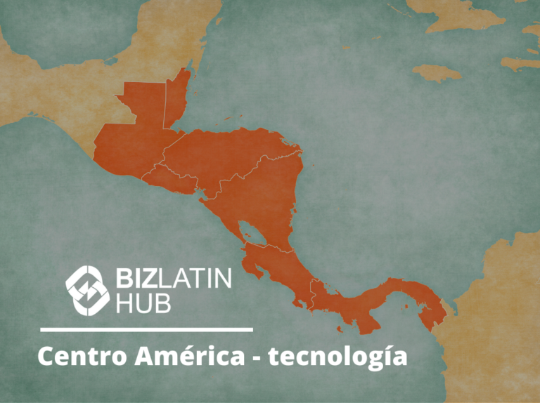 A map highlighting Central America in orange with other surrounding areas in green. The words "BIZLATIN HUB" and "Centro América - tecnología" are written in white text on the left side of the image, showcasing Centros tecnológicos y de innovación.