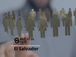 A graphic features human figure icons floating in the foreground while a person in the background points at them. The BizLatin Hub logo and the text "El Salvador" are positioned in the bottom left corner, highlighting their expertise as a headhunter in El Salvador.