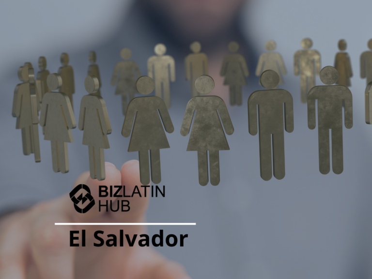 Una persona borrosa señala un grupo de figuras humanas metálicas que representan varios géneros y edades. El logotipo de BizLatin Hub y el texto "Headhunter El Salvador" se muestran en la esquina inferior izquierda de la imagen.