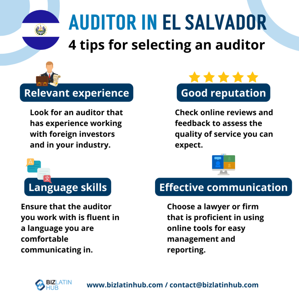 Infographic titled "Auditor in El Salvador" with 4 tips for selecting an auditor in El Salvador: Relevant experience, Good reputation, Language skills, and Effective communication. Includes Biz Latin Hub's contact information at the bottom.