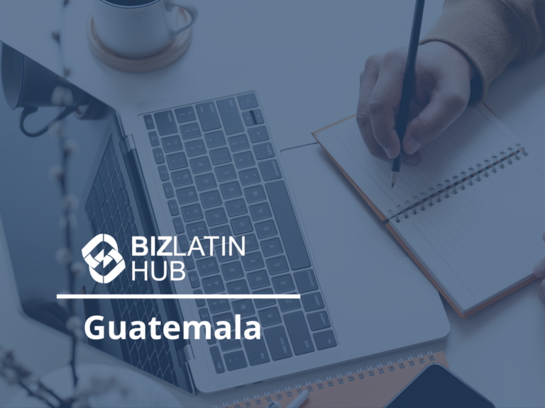 A person writes in a notebook with a pen while sitting at a desk. There is an open laptop beside the notebook displaying the Biz Latin Hub logo and the word "Guatemala." A cup of coffee is on the desk as well, symbolizing productivity. The setting hints at seeking headhunters in Guatemala for business growth.