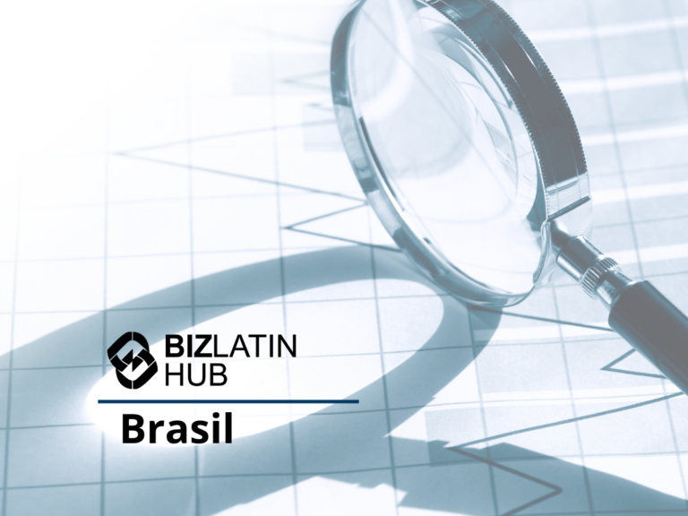 Se coloca una lupa sobre una hoja de papel que contiene una serie de gráficos lineales. La imagen también contiene el logo "BizLatin Hub" y la palabra "Brasil" debajo, destacando los servicios para un auditor en Brasil. La combinación de colores general es en tonos de azul y blanco.