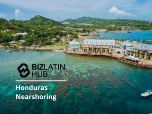 A coastal town with colorful buildings by the seashore, featuring clear blue waters and green hills in the background. The text reads "BIZLATIN HUB" and "Nearshoring in Honduras.