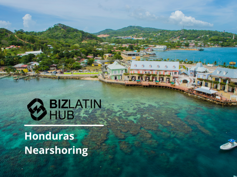 A coastal town with colorful buildings by the seashore, featuring clear blue waters and green hills in the background. The text reads "BIZLATIN HUB" and "Nearshoring in Honduras.