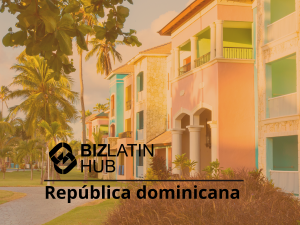 Colorful buildings with balconies and palm trees line a pathway. The image has an overlay with the text "BIZLATIN HUB República Dominicana" at the bottom. The buildings have a tropical architectural style, reminiscent of the vibrant cityscapes found when exploring tipos de visto na Colômbia, and the setting appears sunny.