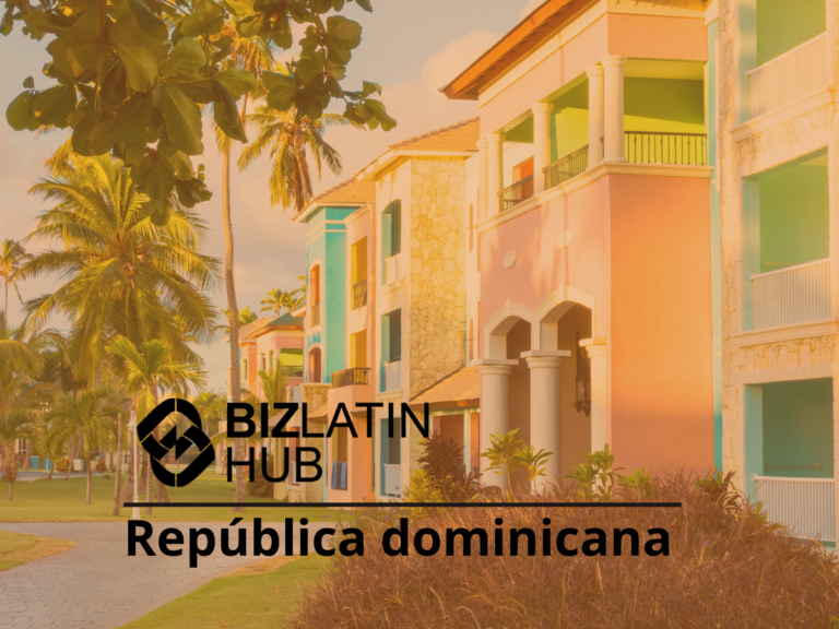 Colorful buildings with balconies and palm trees line a pathway. The image has an overlay with the text "BIZLATIN HUB República Dominicana" at the bottom. The buildings have a tropical architectural style, reminiscent of the vibrant cityscapes found when exploring tipos de visto na Colômbia, and the setting appears sunny.