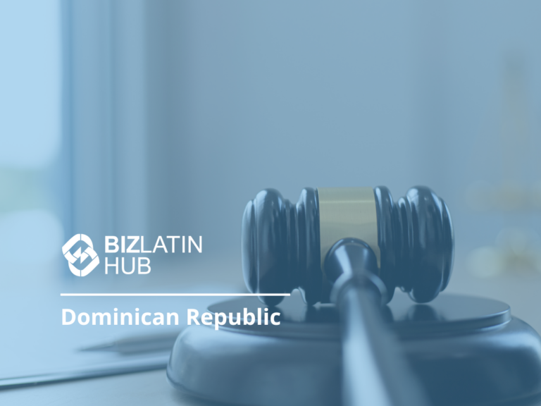 A judge's gavel is pictured in the foreground with the text "Bizlatin Hub Dominican Republic" written beside it. The background is blurred, showing a soft focus office environment, hinting at discussions on renewable energy in the Dominican Republic.