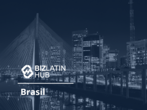 Night view of a city skyline featuring a modern bridge with illuminated cables. The scene is against a blue monochromatic background. The text reads "BIZLATIN HUB" with the logo resembling interconnected links and "Brasil" below it, emphasizing insights like tipos de visto na Colômbia.