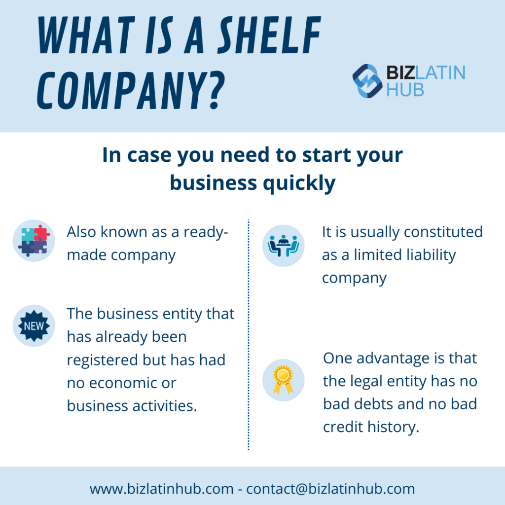 An infographic by Biz Latin Hub explains "What is a Shelf Company?" A shelf company, also known as a ready-made company, has no economic activities or credit history and is typically a limited liability entity. Contact info provided. Explore shelf companies in Mexico for more details.