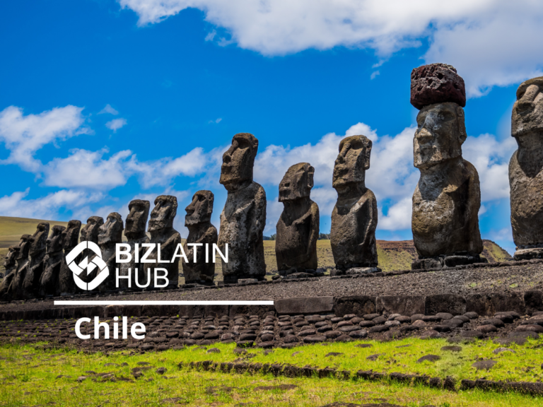 Una hilera de estatuas Moai en la Isla de Pascua, Chile, se alza majestuosa bajo un cielo azul con nubes dispersas. Las estatuas de piedra descansan sobre una plataforma de piedra en una zona de césped. El logotipo de BizLatin Hub, la palabra "Chile" y "Tratado fiscal con Chile" están superpuestos en la imagen.