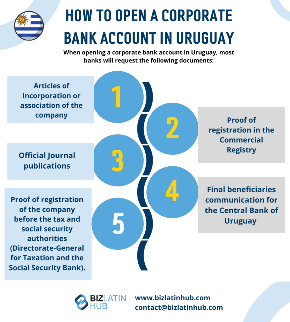 Infographic titled "How to Open a Corporate Bank Account in Uruguay" with five steps: 1) Articles of Incorporation, 2) Proof of registration in the Commercial Registry, 3) Official Journal publications, 4) Tax Residency and social security proof, 5) Final beneficiaries communication for the Central Bank of Uruguay. Contact at bizlatinhub.com or email contact@bizlat