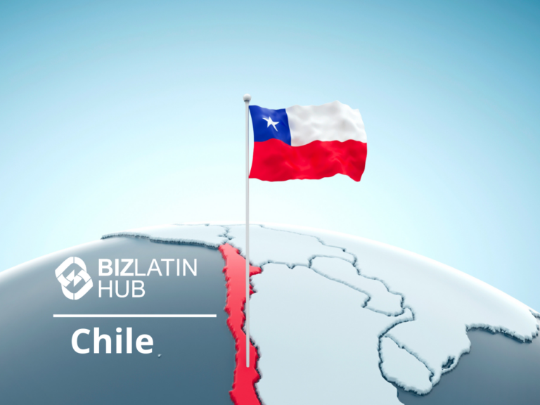 An illustration features a flag of Chile on a globe, pinpointing the country's location on the west coast of South America. The BizLatin Hub logo and the word "Chile" are displayed on the left side, emphasizing opportunities for nearshoring in Chile.