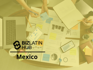 A wooden table cluttered with documents, a laptop, a notebook, sticky notes, and a tablet. Two people are partially visible, working through the paperwork. The image has a yellow-green tint with "BizLatin Hub Mexico" displayed over it, hinting at discussions about shelf companies in Mexico.