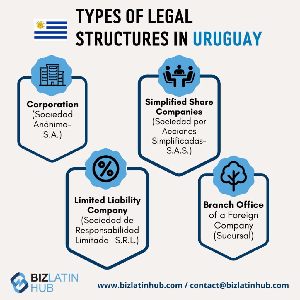 An informational graphic titled "Types of Legal Structures in Uruguay" features the Uruguayan flag and four options: Corporation (Sociedad Anónima), Simplified Share Companies (Sociedad por Acciones Simplificadas), Limited Liability Company (Sociedad de Responsabilidad Limitada), and Branch Office of a Foreign Company (Sucursal). The graphic, which touches on international taxes in Uruguay, includes the Biz