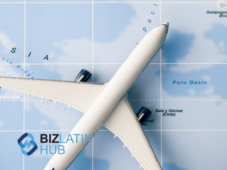 A model airplane rests on a world map, positioned over the Peru Basin in the Pacific Ocean. The Biz Latin Hub logo is displayed in the lower-left corner of the image, subtly hinting at opportunities like shelf companies in Argentina.