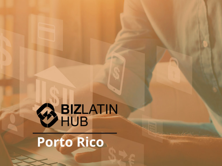 A business-focused image shows a person typing on a laptop with a transparent overlay of financial and technological icons. The BizLatin Hub logo and the text "leis trabalhistas em Porto Rico" are prominently displayed in the foreground.