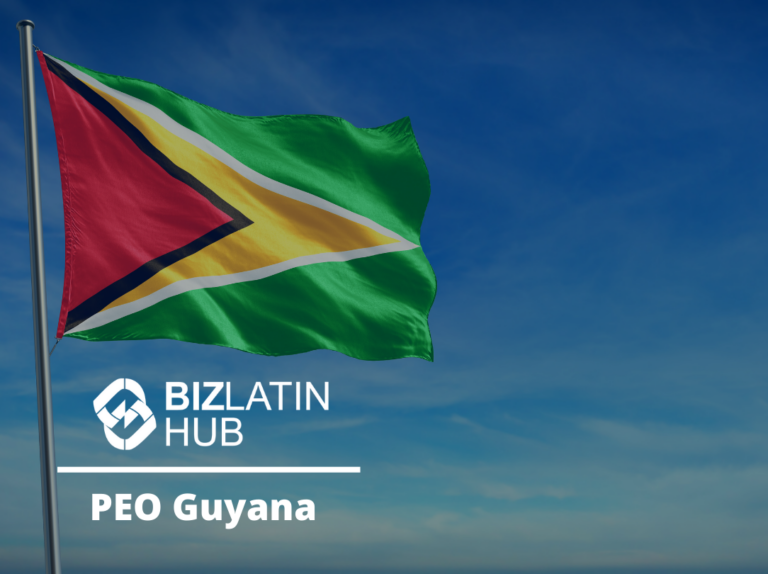 A flag of Guyana waves against a clear blue sky. The flag features a green field with a red and white triangle and a yellow arrow. The image includes text that says "BizLatin Hub" and "PEO na Guiana" in the bottom right corner.