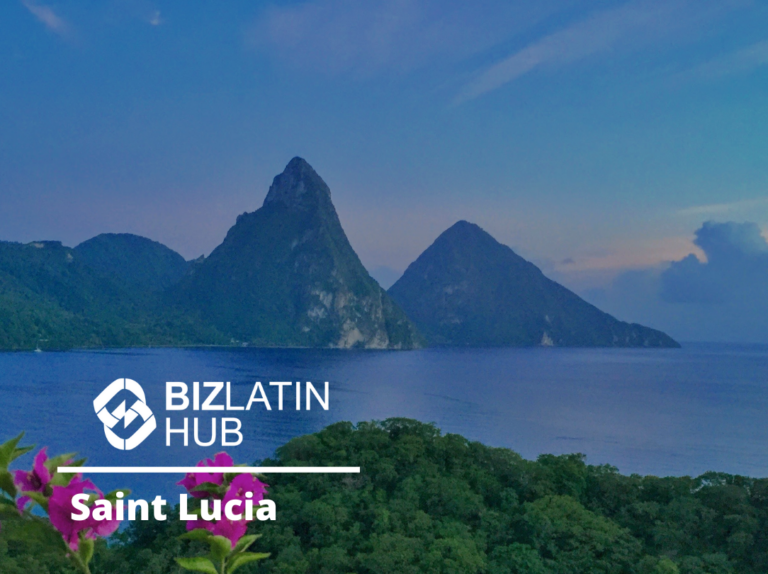 La imagen muestra los picos volcánicos gemelos de los Pitons en Santa Lucía con exuberantes bosques verdes en primer plano y un mar en calma bajo un cielo crepuscular. Sobre la imagen se encuentra superpuesto el texto "BIZLATIN HUB" y "cuenta bancaria corporativa en Santa Lucía".