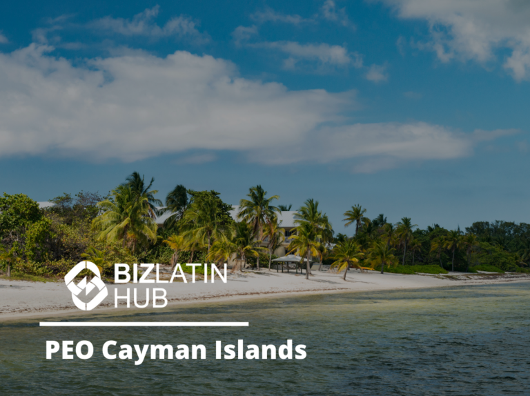 A sandy beach lined with palm trees on the coast of the Cayman Islands under a partly cloudy sky. The text "Bizlatin Hub PEO in Cayman Islands" is overlaid on the image.