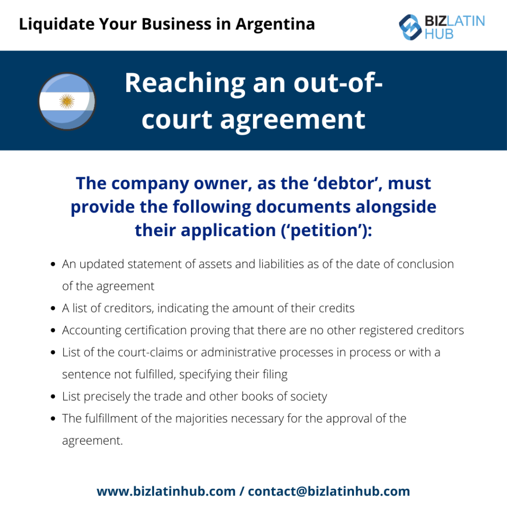 Infographic titled "Reaching an out-of-court agreement" containing steps required for a company owner ('debtor') to handle business liquidation in Argentina. Includes details on necessary documents such as asset statements, creditor details, and legal certifications.